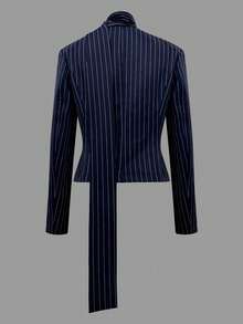 春夏优雅女士两件套，新年商务派对必备单品，包含一件纽扣前开襟休闲西装外套和一条铅笔裙，采用无弹力面料，打造休闲别致的V领条纹两件套，不透明纯色，优雅休闲，适合办公室日常穿着、机场街拍，四季皆宜。 - 藏蓝色 - 查看 8