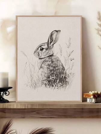 1幅复古复活节兔子版画，乡村农舍风格墙饰，古董兔子素描，质朴复活节装饰，简约兔子植物墙饰，卧室装饰