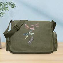 Bolso bandolera grande de lona con diseño de gato o libélula para mujer, ideal para uso diario, escuela y trabajo. - Verde claro - Ver 4
