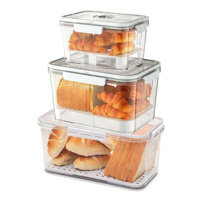 Oneshow Bread Box For Kitchen Counter Airtight With Time Recording Dial Large Capacity   Plastic Transparent Detachable Drain Board White