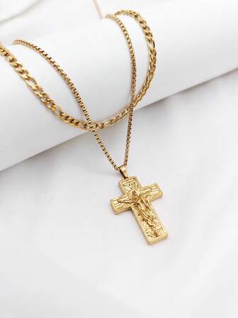 1件不锈钢复古十字架吊坠项链，简约人像设计，适合作为礼物送给朋友