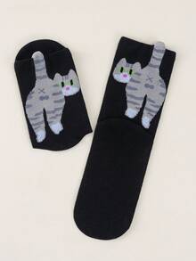 2双春秋季可爱女生日常外出吸睛猫屁股装饰柔软透气卡通风格短袜休闲穿搭闺蜜聚会猫咪袜 - 黑與白 - 查看 11