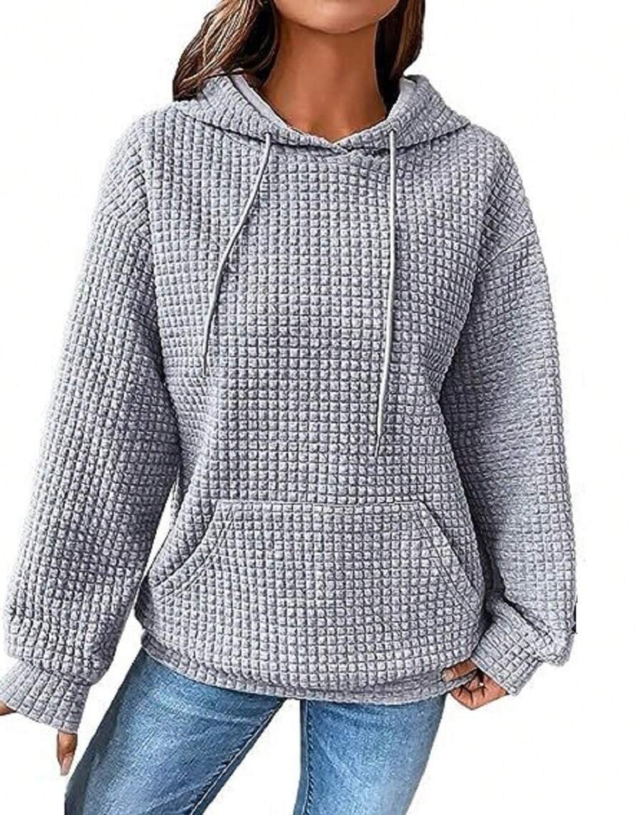 Women's Casual Hoodies Long Sleeve Solid Lightweight Pullover Tops Loose Sweatshirt With Pocket - Xám - Xem 1