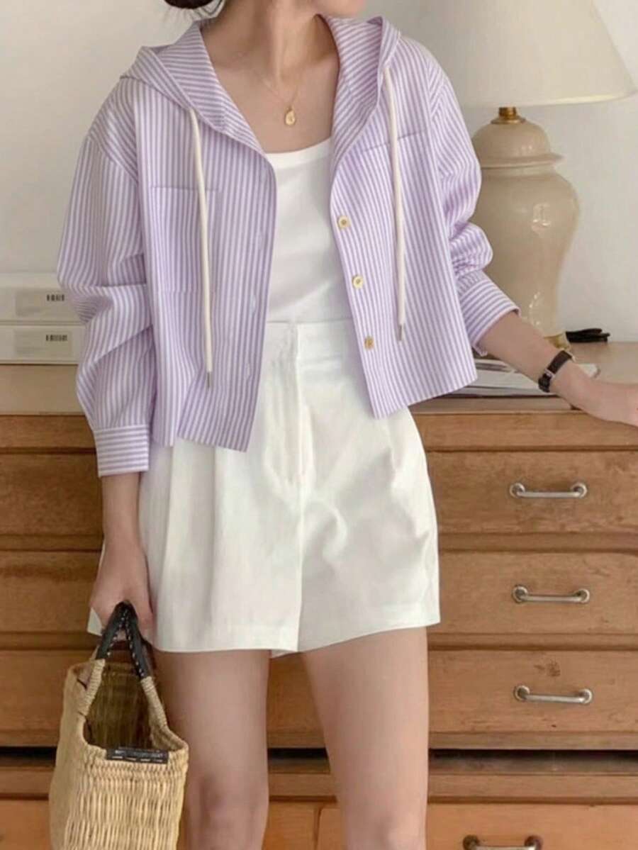 Kemeja Wanita Lengan Panjang Berkerudung Model Longgar Bergaris Kontras Warna dengan Kancing Tunggal, Gaya Kasual Musim Panas Korea Chic untuk Musim Semi - Mauve Purple - View 1
