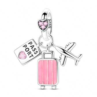 925 sterlingsilver rosa pass flygplan bagage berlock hänge passar original armband halsband, resesmycken gör-det-själv present till globetrotters