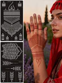 2 hojas de plantillas reutilizables de tatuajes temporales de flores, pegatinas de tatuajes corporales, plantillas de tatuajes de purpurina para arte corporal, diseños de mehndi - Negro - Ver 2