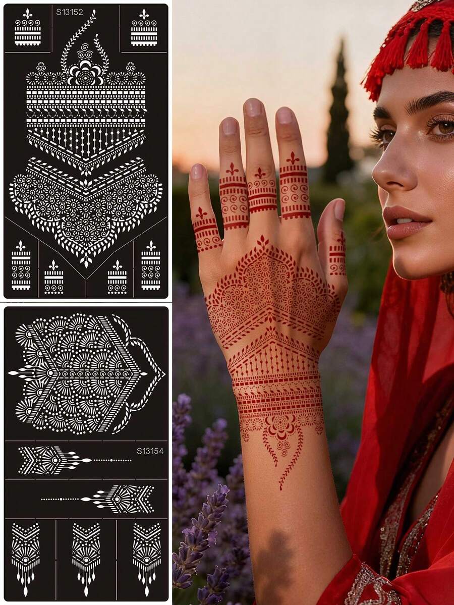 2 hojas de plantillas reutilizables de tatuajes temporales de flores, pegatinas de tatuajes corporales, plantillas de tatuajes de purpurina para arte corporal, diseños de mehndi