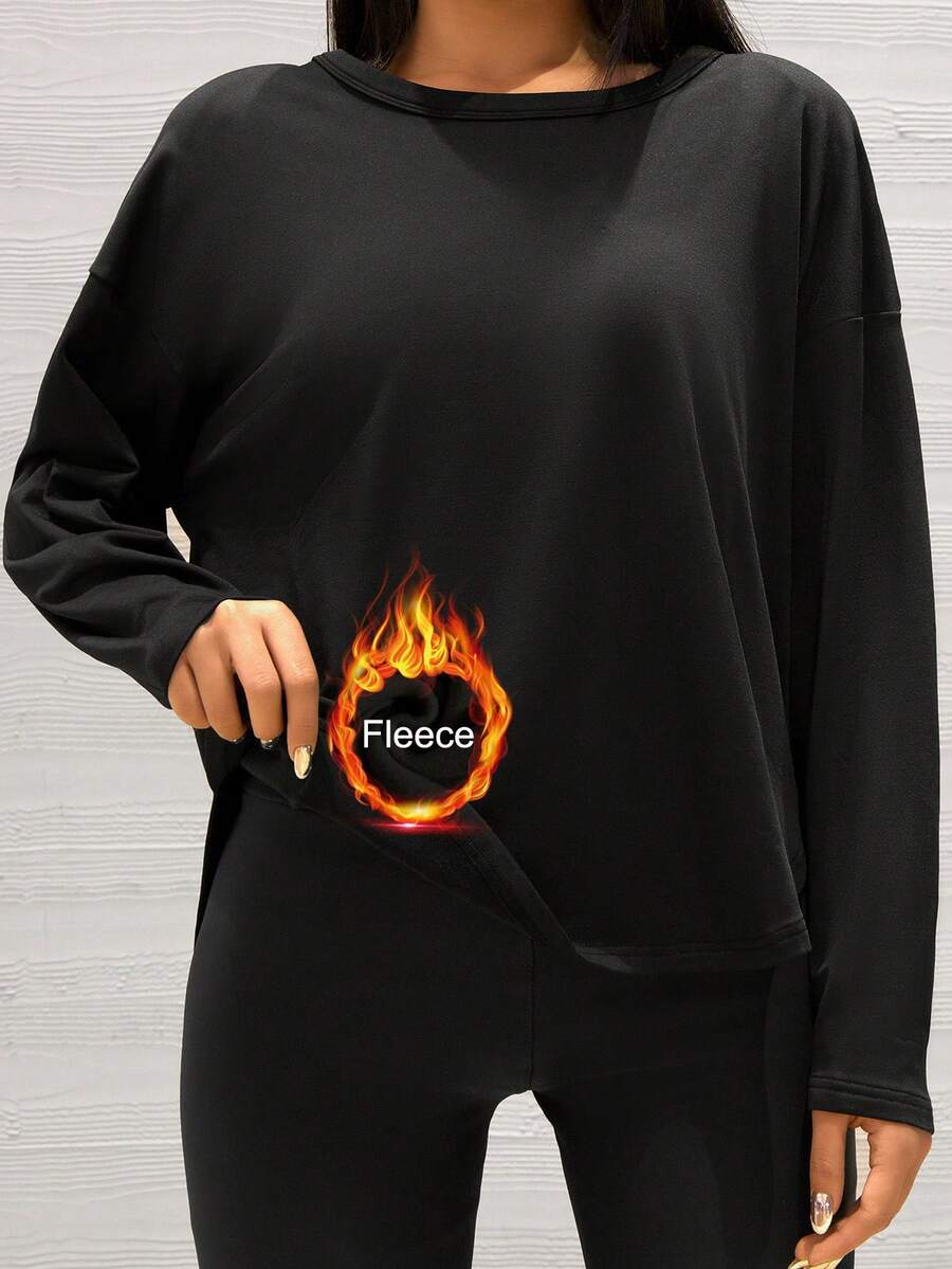Camiseta de mujer con cuello en V asimétrico, dobladillo grueso y cálido, manga de murciélago, otoño/invierno - Negro - Ver 1