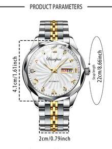 日派时尚男士自动机械表，耐用不锈钢表带，双日历夜光男士腕表 - 情人节礼物 - 銀色 - 查看 3