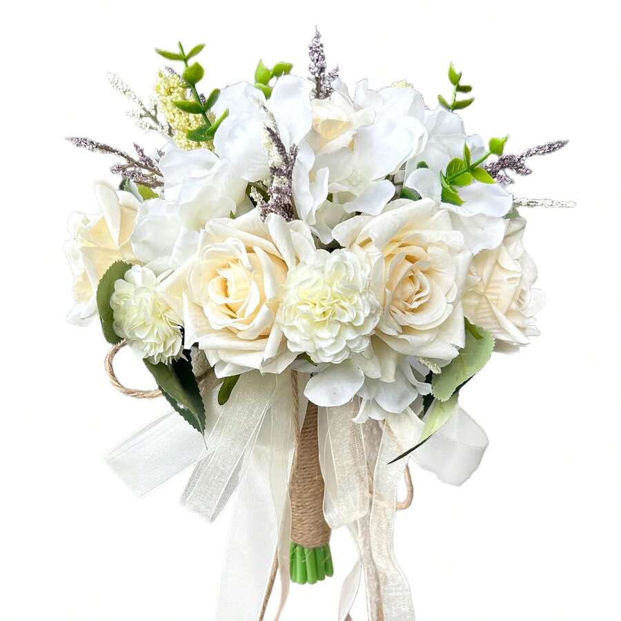 Boho Wedding Bouquets For Bride Bridesmaid, White Champagne Artificial Roses Flowers Wedding Decoration Bridal Bouquets Wedding Floral Arrangement Home Table Centerpieces Decoration ,Artificial Toss Rose For Civil Ceremony Valentine's Day Accessories - Beige - View 1