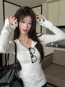 Women's Spring Knitted Long Sleeve T-Shirt, V-Neck Button Design, Versatile Fitted Pullover Top, Flattering Waist, Suitable For Autumn/Winter Casual - White - View 1