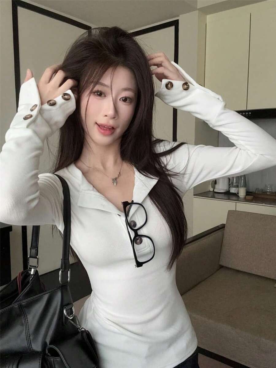 Women's Spring Knitted Long Sleeve T-Shirt, V-Neck Button Design, Versatile Fitted Pullover Top, Flattering Waist, Suitable For Autumn/Winter Casual - White - View 1