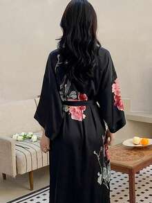 Vintage Chinese Style Loose Fit Long Cover Up, Elegant Printed Niche Design Kimono, Casual Tie-Waist Robe, Sleepwear, Homewear, Lightweight Jacket, Beach Cover-Up, Sun Protection - Black - View 4