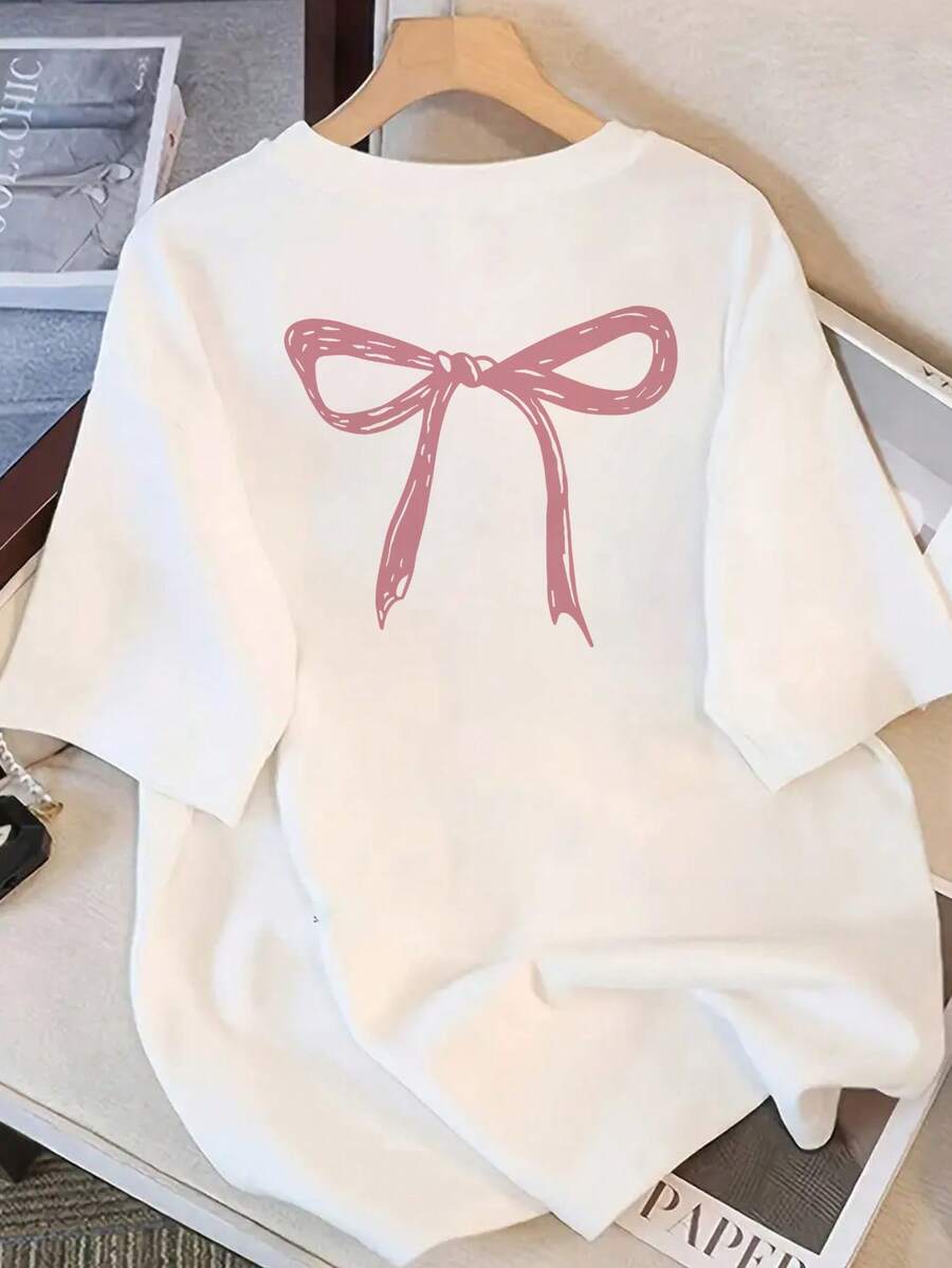 1pcs Women's White Cute Pink Bow Pattern T-Shirt - Soft A-Line Short Sleeve Round Neck Casual Top With Front And Back Pink Bow Design, Suitable For Spring, Summer, And Autumn Daily Wear, Essential For Layering With Dresses (Pink Bow Decoration) - Versatile Daily Outfit, Hand Washable Or Dry Cleanable, Loose Fit, Playful Pink Bow Detail, Comfortable Fabric Suitable For Women's Fashion 180g Women's Relaxed Fit Crew Neck Short Sleeve 100% Cotton Oversized Tee - 白色 - 查看 1