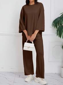 Ribbed Knit 2-Piece Set – Oversized Top & Wide Leg Pants, Winter Clothes, Elegant Women's Set, Casual Sets For Women, Vacation Outfits Women - Brown - View 2