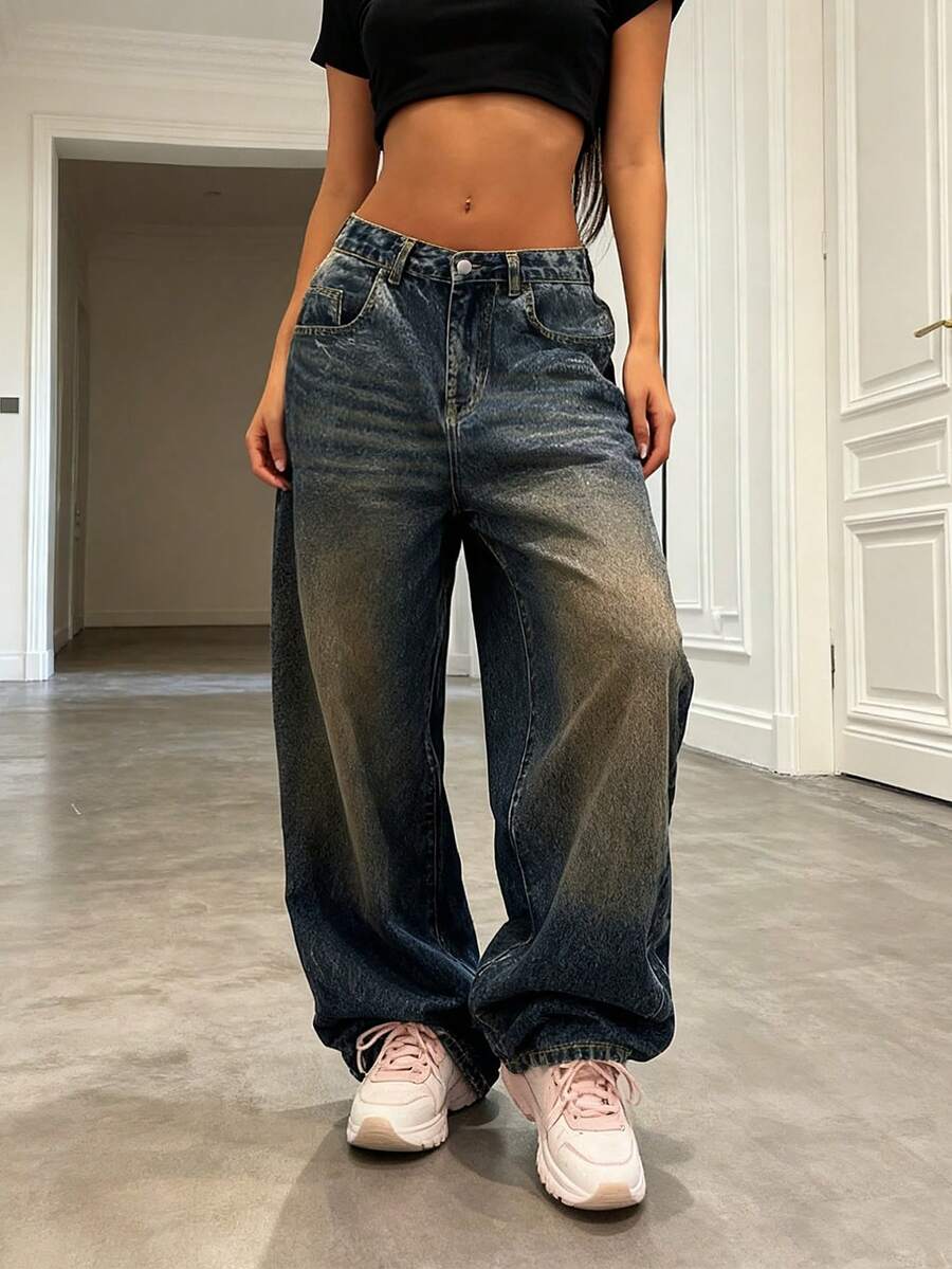 Women's Casual Loose Fit Straight Leg Denim Jeans, Versatile For Daily Commute And Street Style - Dark Wash - View 1
