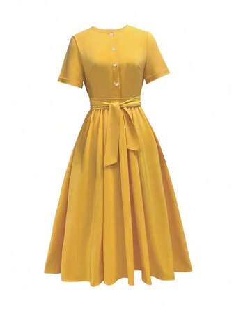 Keke Bloomly 新款畅销欧美风短袖翻领纽扣前束腰都市商务派对黄色连衣裙