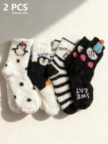 4双中筒卡通袜：秋冬季卡通企鹅主题保暖袜，圣诞礼物 - 多色1 - 查看 12