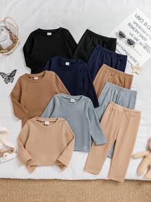 5 Sets (10 Stücke) Lässiges, einfarbiges Langarm-T-Shirt- und Hosen-Set für Kleinkinder (Jungen) aus weichem, bequemem Waffelstrickstoff, geeignet für Outdoor-Aktivitäten, Herbst/Winter - Verschiedenfarbig - Übersicht 1