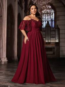 Elegant Solid Color Chiffon Floral Lace Patchwork High Slit Formal Evening Gown Wedding Spring Party - Burgundy - View 5