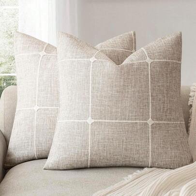 1pc Beige Decorative Faux Linen Jacquard Plaid Throw Pillow Cover, Farmhouse Style Cushion Cover With Grid Texture Decor, Suitable For Sofa, Living Room Home Decor, All Season