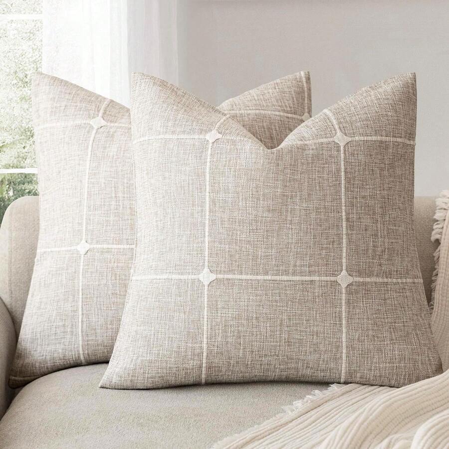 1 pieza Funda de cojín decorativa de lino sintético jacquard a cuadros en beige, estilo rústico con textura de rejilla, adecuada para sofá, sala de estar y decoración del hogar, para todas las estaciones - Beis - Ver 1