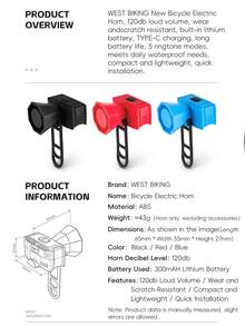 جرس دراجة كهربائي مقاوم للماء من نوع WEST BIKING 120ديسيبل قابل للشحن من منفذ USB-C مع 5 نغمات للاستخدام في الهواء الطلق - متعدد الألوان - مشاهدة 2