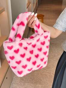 Girly Pink Heart Plush Handbag: Sweet Style Cute Plush Bag, Autumn & Winter Fashion Accessory Purse For Girls