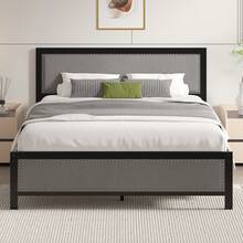 VECELO Modern Upholstered Full Size Bed Frame With Storage, Headboard Shelf, Metal Slats, Noise-Free Design,Grey - Xám - Xem 12