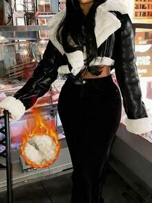 街头翻领拉链卷边袖口泰迪熊衬里 PU 皮革短款机车夹克外套万圣节服装