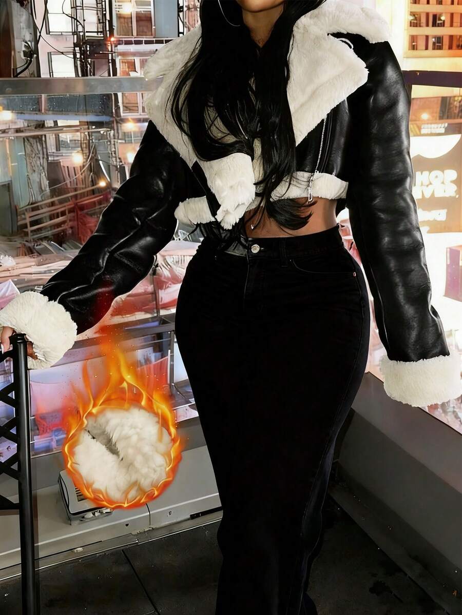 街头翻领拉链卷边袖口泰迪熊衬里 PU 皮革短款机车夹克外套万圣节服装