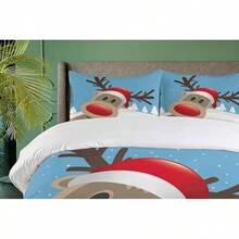 Winter Duvet Cover Set, Merry Theme Delicate Snowflakes, Vintage Holiday Pattern, 3 Piece Bedding Set With 2 Pillow Shams, Size, Teal White - 淺藍色 紅色 淺棕色 - 查看 9