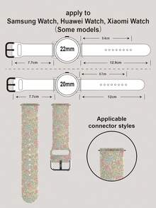 一条印花硅胶智能手表表带。这款通用型 20-22 毫米表带具有广泛的兼容性：兼容华为 Watch GT3/GT4、三星 Galaxy Watch6 以及 Series 1 至 Series 9、SE 和 Ultra（表壳尺寸 38-49 毫米）。
