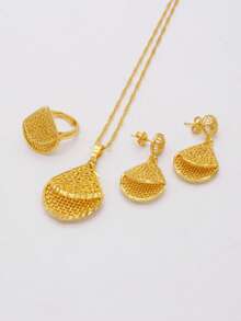 Bộ trang sức cưới cao cấp Dubai, mạ vàng, gồm dây chuyền, mặt dây chuyền, bông tai và nhẫn dành cho nữ. - Vàng - Xem 12