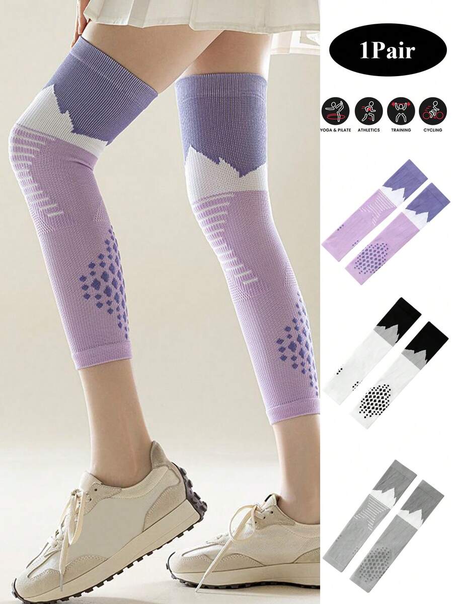 1 par de rodilleras de yoga con bloques de color, manguitos de compresión de colores contrastantes creativos, calentadores de piernas para fitness, saltar la cuerda, yoga, pilates y entrenamiento, soporte para las rodillas