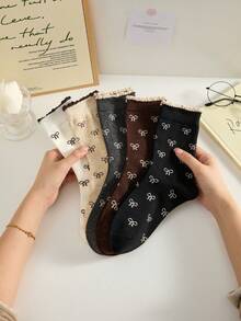 4 Paar Damen Mittelhoch Socken mit Schleifenmuster, Retro Design Crew Socken, locker sitzender Bund ohne Einengung, geeignet für den täglichen Gebrauch und alle Jahreszeiten, zufällige Farben