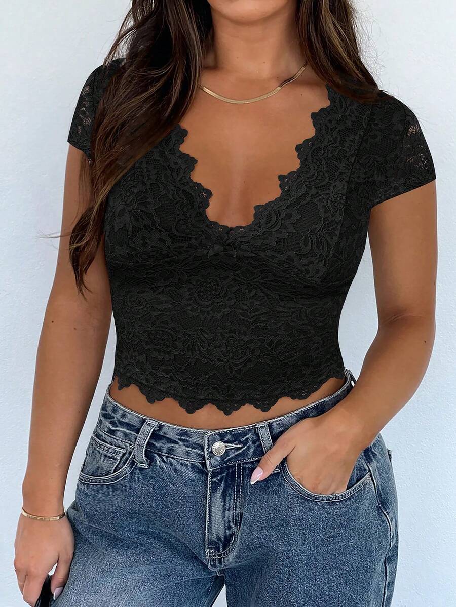 大码女式情人节性感V领蕾丝镂空修身针织短袖衬衫 - 黑色 - 查看 1