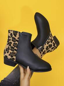 New Autumn/Winter Fashion Sequin Ankle Boots, Outdoor & Daily Wear Sequin Boots, Non-Slip & Comfortable Side Zipper, Women's Ankle & Ankle Boots, Size 36-43 - Black Lychee-patterned PU With Apricot-colored Leopard Print Base - View 2