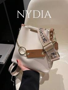 字母圖案鏈條裝飾方包 - 米色 - 查看 1