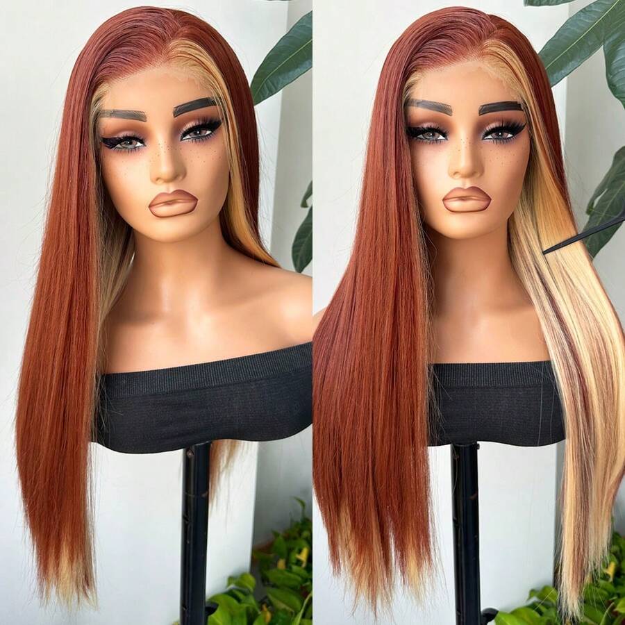 13x4 Lace Front Wig For Women Black Glueless Wig Synthetic Lace Wig Pre Plucked HD Lace Straight Wig Ready To Wear Long Straight Brown And Blonde Wig 28inch - 漸層紅色 - 查看 1