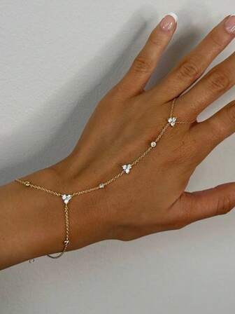 1pc Elegant Minimalist Chic Gold-Tone Faux Crystal Inlaid Finger Chain Bracelet, Luxury Niche High-End Personalized Hand Jewelry, Suitable For Daily Wear For Women