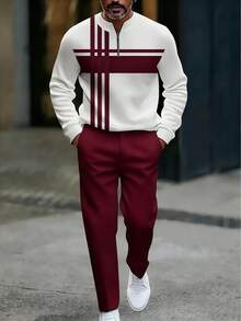 2-Piece Set, New European And American Men's Long-Sleeved Zipper Small Stand-Up Collar Fashion Sports Suit, Long-Sleeved Sweatshirt And Drawstring Pants Casual Suit, Suitable For Any Holiday Gift - 酒紅色 - 查看 2