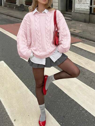 FOR BEAUTY Women's New Solid Color Round Neck Drop Shoulder Long Sleeve Knit Sweater, Loose Fit Fashion Twist Knot, Suitable For New Year Casual Pink