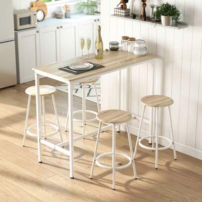  HOMCOM Conjunto Mesa Alta de Cocina con 4 Taburetes, Mesa de Bar Alta, Ahorro de Espacio, para Pisos Pequeños, Comedor, Balcón o Isla Cocina 110x50x89,5 cm, Natural y Blanco