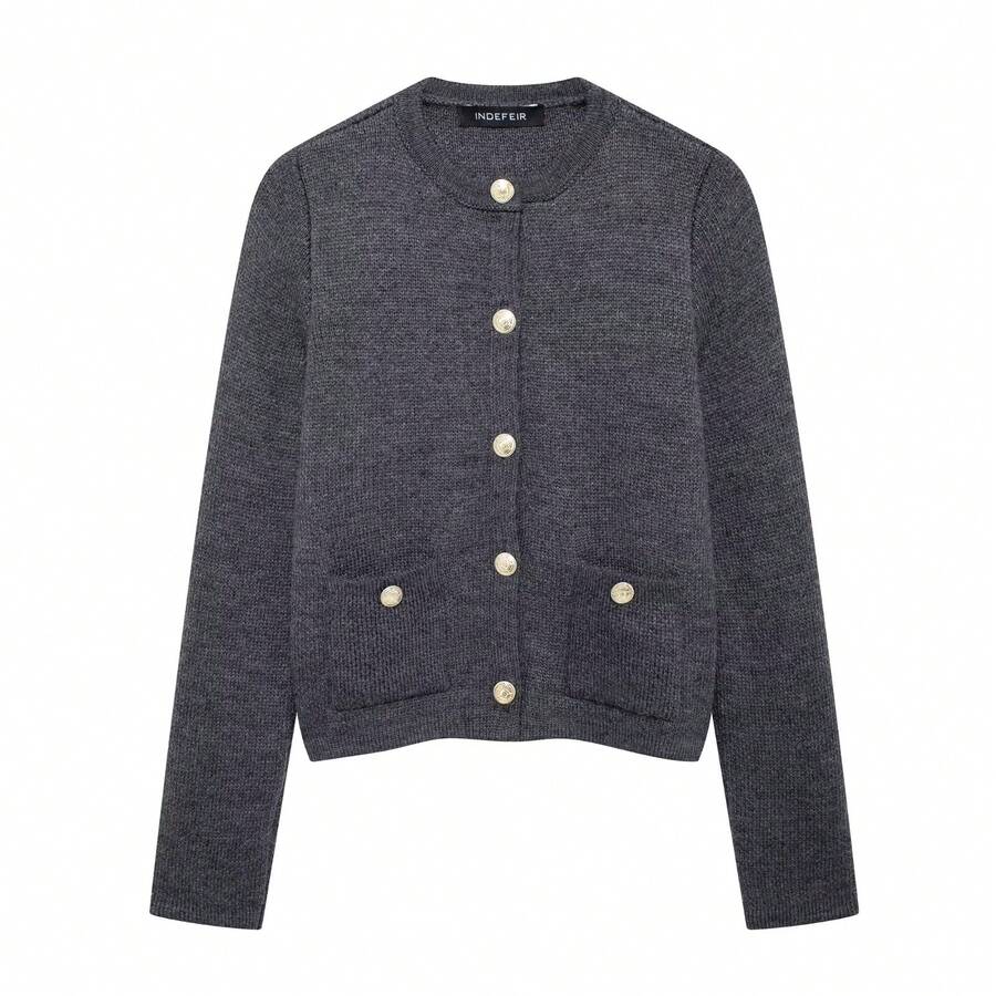 Cárdigan elegante de punto para mujer con manga larga, bolsillos y diseño casual para el otoño