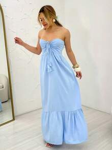 Women's Long, Flowy Strapless Dress With Tie Detail - Baby Blue - View 1