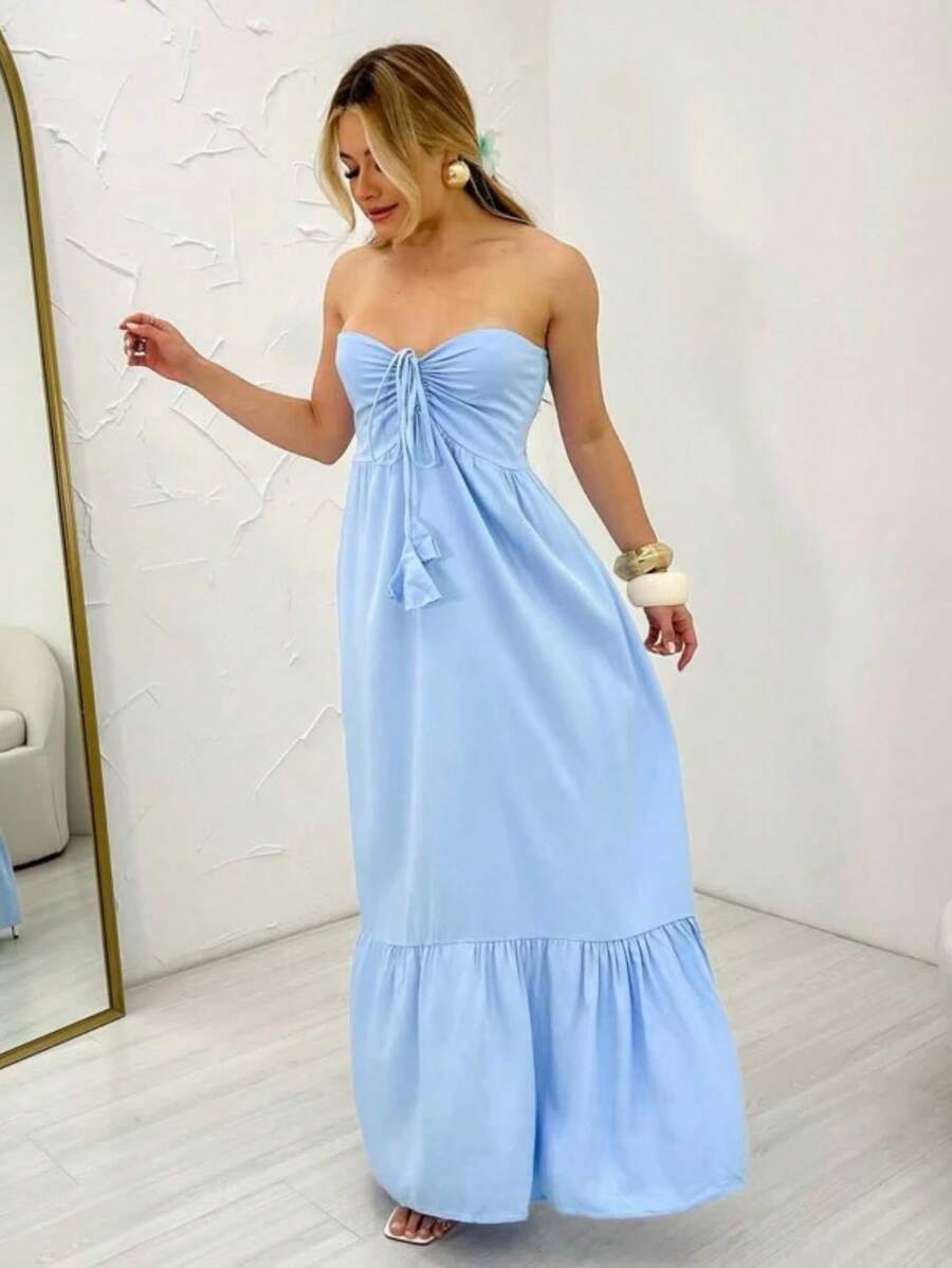 Women's Long, Flowy Strapless Dress With Tie Detail - Baby Blue - View 1