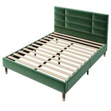 Upholstered Bed, Double Bed With Slatted Base, 140x200cm Upholstered Bed Frame With Headboard, In Black Linen, For Adults And Teenagers (Mattress Not Included) - Green 2 - View 8
