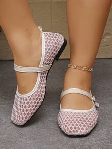 宽楦春秋新款时尚方头女式平底鞋，日常穿着网面低帮平底鞋，尺码36-43，轻便舒适户外加大码女式平底鞋 - 粉紅銀網格 - 查看 5