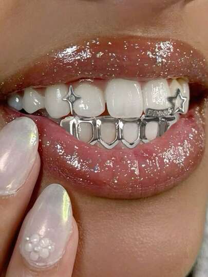 1 Set de joyería de dientes con combinación de barra de corazón hueco, circonita, estrella de cuatro puntas hueca y diente de seis puntas estilo hip hop, regalo de moda para fiestas y el Día de San Valentín, unisex